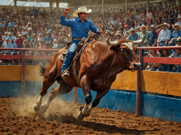 Auf dem Bild sieht man einen Cowboy, der auf einem Bullen reitet. Er trägt einen Hut und hat einen fröhlichen Ausdruck, während er versucht, das Gleichgewicht zu halten. Im Hintergrund ist eine begeisterte Menge zu sehen, die das Rodeo beobachtet. Die Szene vermittelt die Aufregung und Dynamik eines Rodeo-Events, das Teil des aufregenden Programms des Lethem Rodeo ist, wo Teilnehmer ihr Können im Umgang mit Bullen zeigen und das Publikum mit atemberaubenden Stunts begeistert wird.