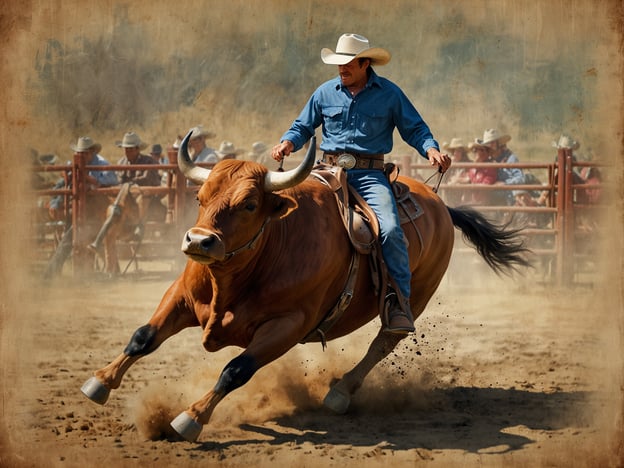 Auf dem Bild ist ein Rodeo-Ausschnitt zu sehen, in dem ein Cowboy auf einem Rind sitzt, das mit großer Energie und Dynamik über den Sandboden läuft. Die Atmosphäre ist geprägt von Nervenkitzel und Spannung, während die Zuschauer im Hintergrund aufmerksam zuschauen. Die Gemeinschaft beim Rodeo spiegelt sich in der Begeisterung und Unterstützung der Zuschauer wider, die oft aus der gleichen Region stammen und Traditionen sowie sportlichen Geist miteinander teilen. Diese Veranstaltungen fördern ein Gefühl der Zusammengehörigkeit und des Austauschs, während die Teilnehmer ihr Können und ihren Mut zeigen.