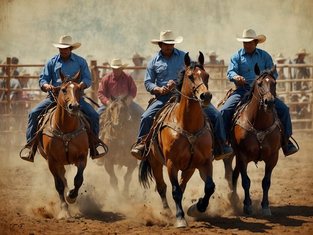 Auf dem Bild sind mehrere Reiter zu sehen, die auf Pferden reiten. Es scheint eine Rodeo-Szene zu sein, die typisch für Veranstaltungen in Lethem ist. Die wichtigen Akteure des Lethem Rodeo sind Cowboy-Reiter, die oft in traditioneller Kleidung mit Hüten auftreten. Die Atmosphäre ist lebhaft und staubig, was für Rodeo-Veranstaltungen charakteristisch ist. Die Reiter scheinen gut auf ihren Pferden zu sitzen und zeigen Geschicklichkeit und Kontrolle, während sie durch die Arena reiten.