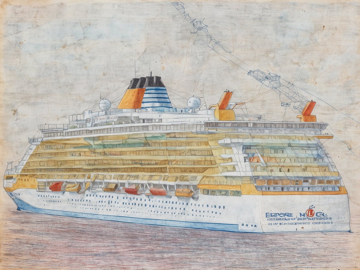 Eine bunte Zeichnung eines großen Kreuzfahrtschiffes, das an einem ruhigen Wasser liegt. Das Schiff hat mehrere Decks mit großen Fenstern und verschiedenen Farben, darunter Gelb und Orange. Auf dem oberen Deck sind einige Aufbauten, darunter runde Kuppeln. Im Hintergrund sind Wolken und ein weiter Himmel zu sehen, während der Wasserbereich sanft schimmert. Entdecke mehr auf See: NCLs neue Kreuzfahrt-Erlebnisse.