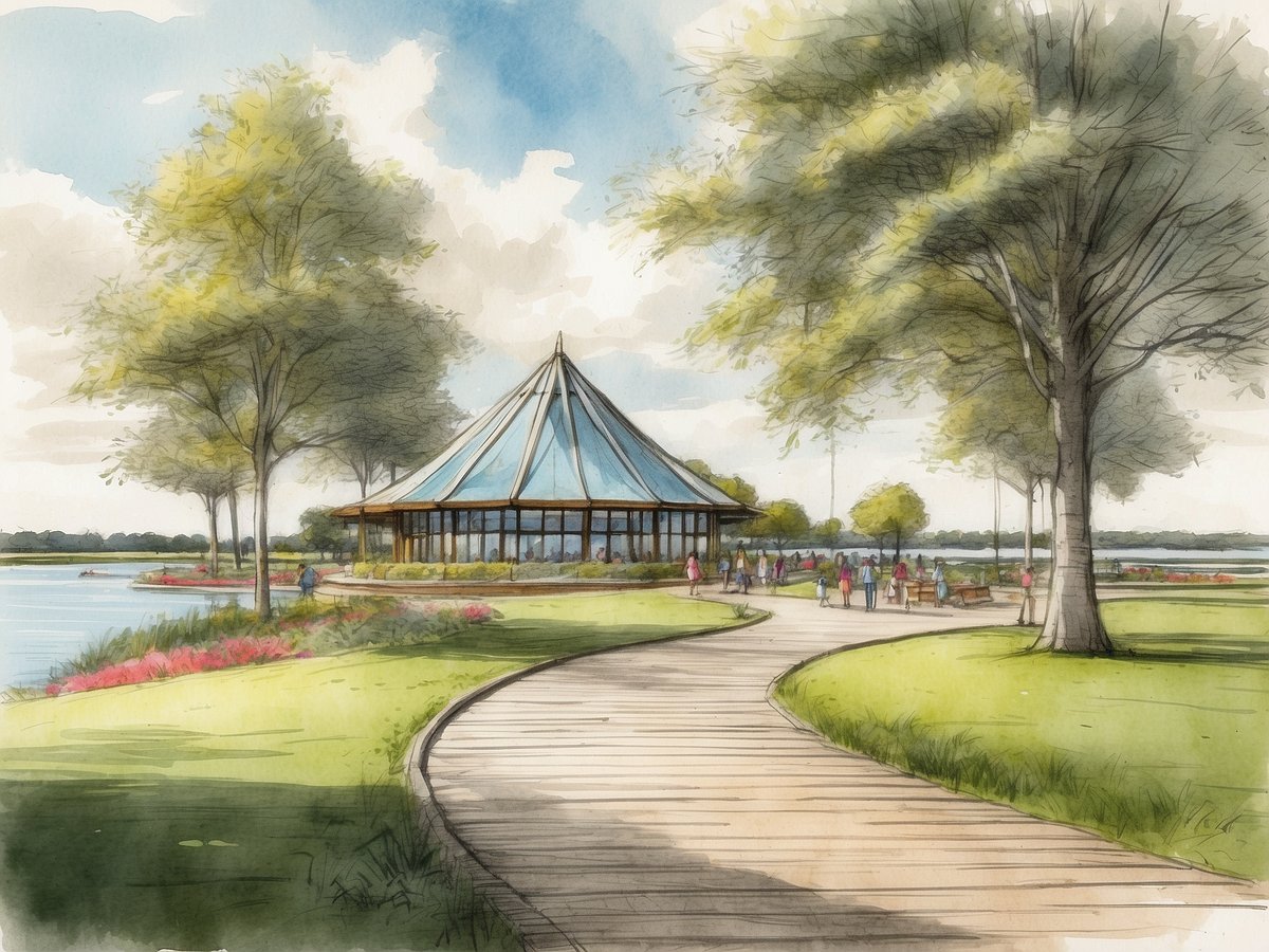 Eine markante Architektur im Landal GreenParks Waterparc Veluwemeer in Biddinghuizen ist zu sehen, umgeben von einer malerischen Landschaft. Der runde, gläserne Pavillon mit einem hohen, spitzen Dach steht am Ufer eines ruhigen Gewässers. Auf dem gepflasterten Weg schlendern Besucher zwischen üppigem Grün und blühenden Blumen. Im Hintergrund sind Bäume und ein sanfter Himmel mit einigen Wolken zu sehen, was eine einladende und entspannte Atmosphäre vermittelt.