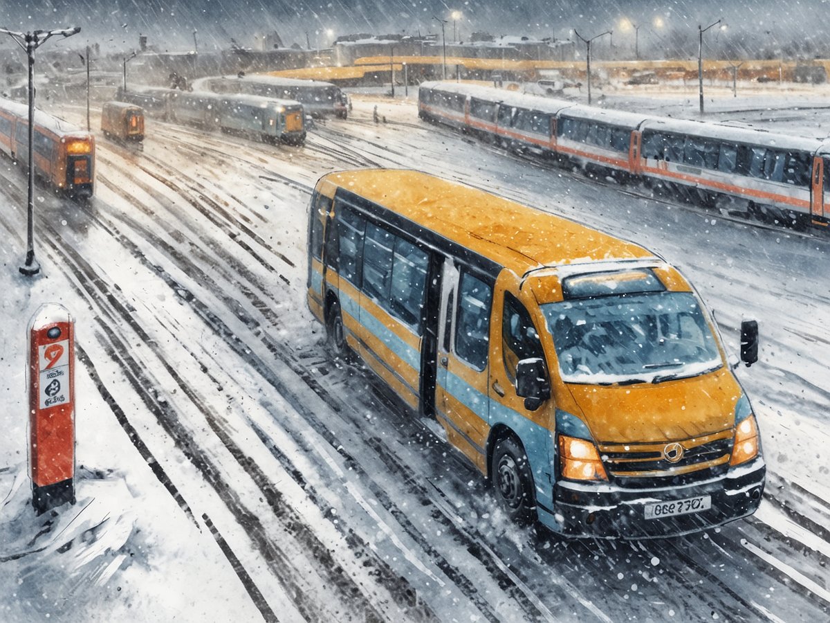 Schneebedeckte Straße mit einem orangefarbenen Bus im Vordergrund. Die Straße ist mit Schneespuren versehen und die Sicht wird durch heftigen Schneefall eingeschränkt. Im Hintergrund sind weitere Busse und Container zu sehen, während Straßenlaternen schwaches Licht spenden. Das Bild vermittelt eine Atmosphäre von Schneechaos in Großbritannien, wo Flughäfen dicht und der Verkehr lahmgelegt ist.