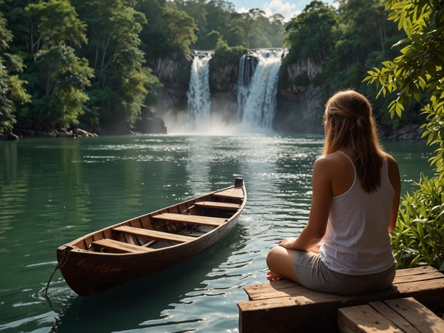 Auf dem Bild ist eine friedliche Naturszene zu sehen, die perfekt für Abenteuerlustige und Erholungssuchende geeignet ist. Eine Person sitzt am Wasser und genießt die Aussicht auf einen malerischen Wasserfall im Hintergrund. Diese Umgebung lädt ein zu verschiedenen Aktivitäten:

1. **Kajakfahren**: Man könnte die ruhige Wasserfläche erkunden und den Wasserfall aus nächster Nähe erleben.
2. **Wandern**: Die umliegenden Wälder bieten zahlreiche Wanderwege, die zu weiteren schönen Ausblicken führen.
3. **Entspannung und Meditation**: Die Stille und Schönheit der Natur sind ideal, um zur Ruhe zu kommen und zu meditieren.
4. **Fotografie**: Die beeindruckende Landschaft ist ein perfektes Motiv für Naturfotografen.
5. **Picknick am Wasser**: Ein entspanntes Picknick in dieser idyllischen Umgebung wäre ebenfalls sehr angenehm. 

Diese Aktivitäten bieten eine wunderbare Möglichkeit, die Natur zu genießen und gleichzeitig Abenteuer zu erleben.