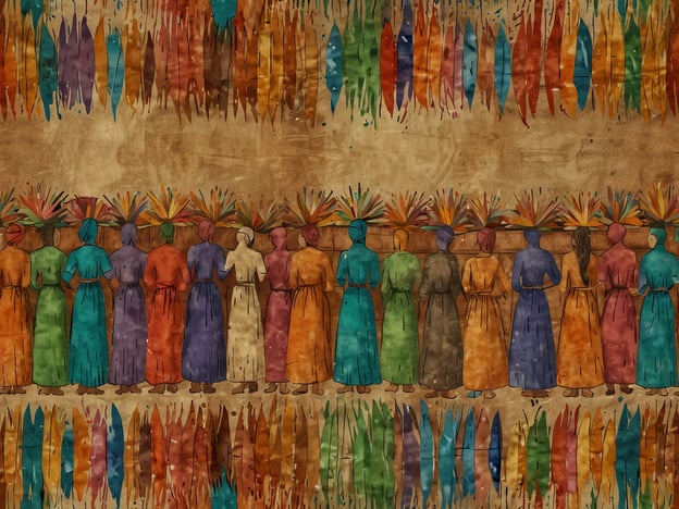 Das Bild zeigt eine Gruppe von Frauen in traditioneller Kleidung, die farbenfroh gekleidet sind und vermutlich an einem Fest oder Ritual teilnehmen. In Moraikobai, einem indigenen Gebiet in Guyana, sind solche Veranstaltungen oft Teil der kulturellen Traditionen, die Gemeinschaft, Identität und den Erhalt kultureller Praktiken stärken. 

Traditionelle Feste in Moraikobai, wie das Fest der Ernte oder die Feierlichkeiten zum Neujahrsfest, sind geprägt von Musik, Tänzen und rituellen Zeremonien. Die dargestellten Frauen könnten symbolisch für die Bedeutung von Gemeinschaft und Zusammenhalt stehen, die in diesen Festen zum Ausdruck kommen. Solche Rituale und Feiern sind wichtig, um die Werte und Traditionen der indigenen Kultur lebendig zu halten.