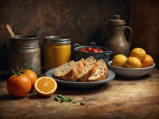 Auf dem Bild sind verschiedene Lebensmittel zu sehen, die typisch für viele kulinarische Traditionen sind. Im Vordergrund liegen frische Orangen und einige geschnittene Brotscheiben, die eine wichtige Rolle in vielen Küchen spielen. Hinter dem Brot sind kleine, rote Tomaten in einer Schüssel platziert, die oft in Salaten oder als Snacks verwendet werden. 

Zusätzlich sind Gläser mit gelber Konfitüre und verschiedene Tontöpfe im Hintergrund zu erkennen, was auf die Bedeutung von Konservierungsmethoden und traditionellen Zubereitungen hinweist. Die Kombination dieser Lebensmittel spiegelt eine einfache, rustikale Küche wider, die frisch und nahrhaft ist.