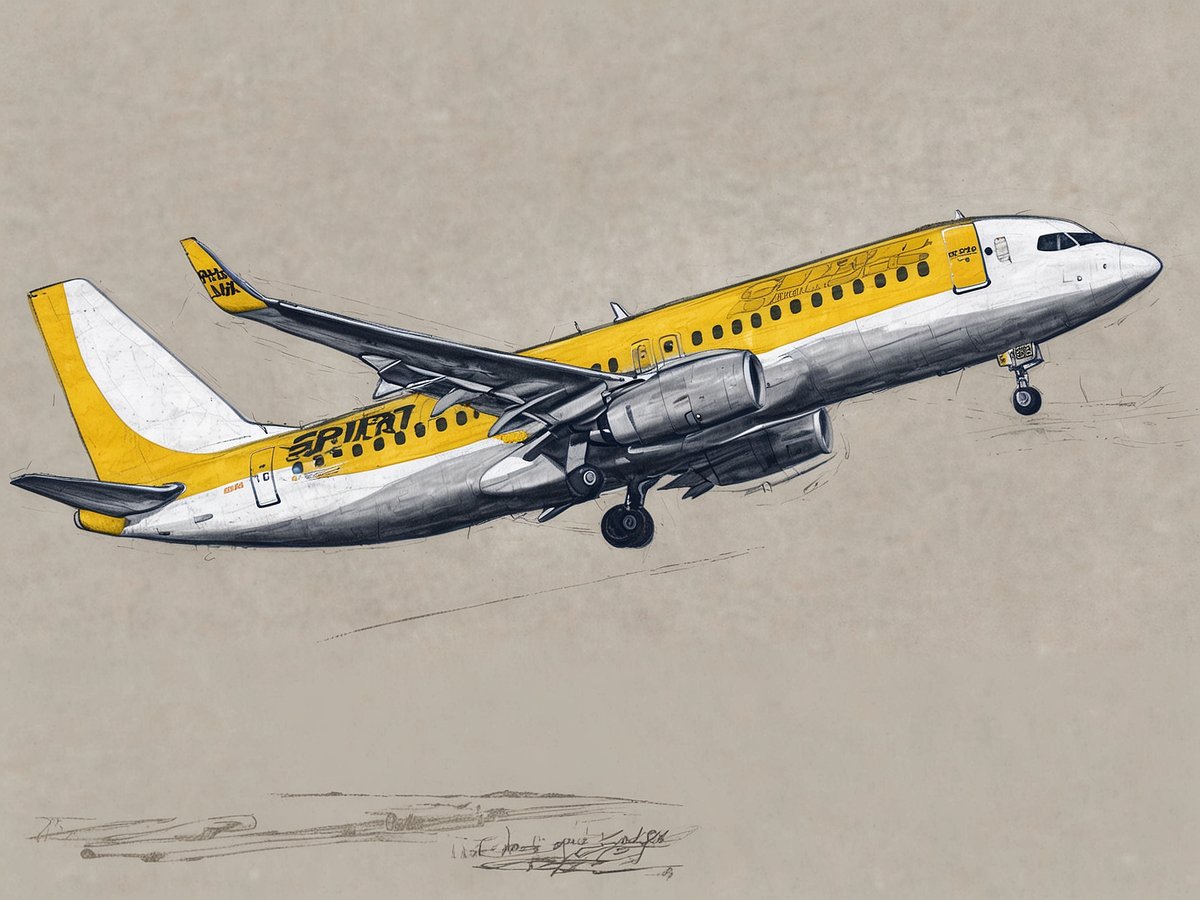 Ein gelb-weißes Flugzeug von Spirit Airlines befindet sich im Abflug. Die Tragflächen sind weit geöffnet und die Räder sind teilweise eingezogen. Der Hintergrund ist einfach gehalten, was die Aufmerksamkeit auf das Flugzeug lenkt. Das Design des Flugzeugs zeigt den Schriftzug Spirit in einer auffälligen Schriftart.