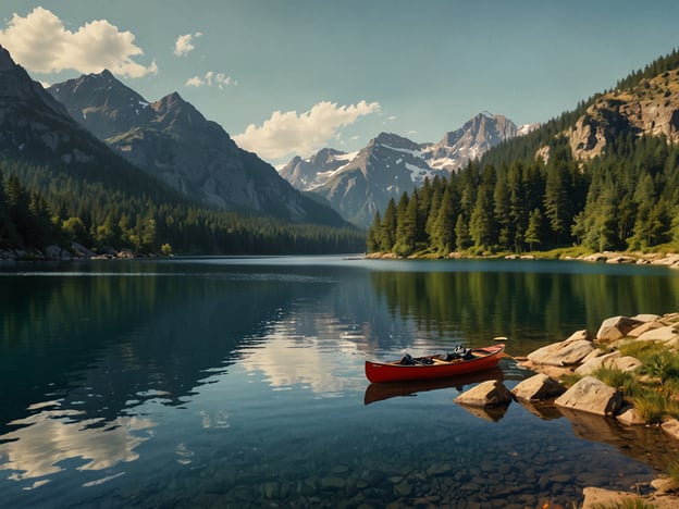 Auf dem Bild ist eine idyllische Landschaft mit einem ruhigen See, umgeben von Bergen und Wäldern. Im Vordergrund befindet sich ein rotes Kanu auf dem Wasser, das eine entspannte Atmosphäre vermittelt.

### Praktische Tipps für deinen Besuch:

1. **Kanuverleih**: Informiere dich über örtliche Kanustationen, um eine Bootstour auf dem See zu unternehmen.

2. **Wanderungen**: Plane Wanderungen in der Umgebung. Es gibt viele gut ausgeschilderte Wanderwege, die herrliche Ausblicke bieten.

3. **Ausrüstung**: Bring die richtige Ausrüstung mit, einschließlich bequemer Schuhe, Sonnencreme und Wasserflaschen.

4. **Picknick**: Nutze die schönen Plätze am Ufer für ein Picknick. Vergiss nicht, deinen Müll wieder mitzunehmen.

5. **Fotografie**: Halte deine Kamera bereit, um die beeindruckende Landschaft festzuhalten, besonders bei Sonnenauf- und -untergang.

6. **Sicherheitsvorkehrungen**: Achte auf die Sicherheit beim Kanu fahren und informiere dich über die Wetterbedingungen. 

Genieße deinen Besuch in dieser wunderschönen Natur!