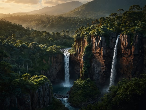 Auf dem Bild sind atemberaubende Wasserfälle zu sehen, die in einen klaren Fluss stürzen, umgeben von üppigem, grünen Regenwald und sanften Hügeln im Hintergrund. Diese Landschaft lädt zu abenteuerlichen Wanderungen ein.

Für Abenteuerlustige könnte eine Wanderoute in einer ähnlichen Umgebung folgende Punkte beinhalten:

1. **Wanderung zu den Wasserfällen**: Beginne bei einem Parkplatz in der Nähe und folge einem markierten Wanderweg, der dich durch dichten Wald führt. Halte Ausschau nach wildlebenden Tieren und Pflanzen entlang des Weges.

2. **Aussichtspunkte**: Suche nach Aussichtspunkten, die einen spektakulären Blick auf die Wasserfälle und die umliegende Landschaft bieten. Ideal für eine kurze Rast und Fotomotive.

3. **Flusswanderung**: Wenn die Bedingungen es erlauben, kannst du auch dem Flusslauf folgen, um die Natur aus nächster Nähe zu erleben. Achte darauf, sichere Stellen zum Überqueren zu finden.

4. **Naturschutzgebiete**: Besuche angrenzende Naturschutzgebiete, um mehr über die lokale Flora und Fauna zu lernen. Viele dieser Gebiete bieten geführte Touren an.

5. **Campingerlebnisse**: Wenn du mehr Zeit hast, plane eine Übernachtung in der Nähe der Wasserfälle, um den Sonnenuntergang und die Geräusche der Natur in der Nacht zu genießen.

Diese Art von Wanderung verspricht Abenteuer und ermöglicht es, die Schönheit der Natur intensiv zu erleben.