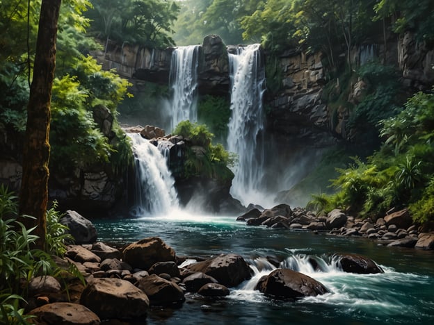 Auf dem Bild sind die majestätischen Kato Wasserfälle zu sehen. Die Wasserfälle stürzen in mehreren Strömen von einer steilen Klippe in ein kristallklares Becken, umgeben von üppiger, grüner Vegetation. Die Umgebung strahlt eine ruhige und natürliche Schönheit aus, mit glatten, runden Steinen im Wasser und üppigen Pflanzen, die den Wasserlauf säumen. Das Licht scheint sanft durch die Bäume, was der Szene eine magische und friedliche Atmosphäre verleiht.