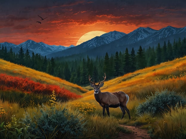 Auf dem Bild ist eine malerische Landschaft mit einem Hirsch im Vordergrund zu sehen. Der Sonnenuntergang taucht die Berge und die Wiesen in warmes Licht, während die Bäume und die bunten Pflanzen im Vordergrund die Szene bereichern.

**Praktische Tipps für deinen Besuch:**

1. **Kleidung:** Ziehe bequeme und wetterfeste Kleidung an, die dich vor Kälte oder Nässe schützt, besonders wenn du in den Bergen wandern möchtest.

2. **Ausrüstung:** Bring ein Fernglas mit, um die Tierwelt besser beobachten zu können, insbesondere bei Dämmerung.

3. **Fotografie:** Wenn du die Landschaft festhalten möchtest, plane deinen Besuch während der goldenen Stunde (kurz vor Sonnenuntergang) für das beste Licht.

4. **Sicherheit:** Halte Abstand zu wilden Tieren und respektiere ihren Lebensraum. Achte darauf, dass du ausreichend Wasser und Snacks dabeihast.

5. **Naturbeobachtung:** Sei ruhig und geduldig, um die Natur und eventuell Tiere in ihrer natürlichen Umgebung zu erleben.