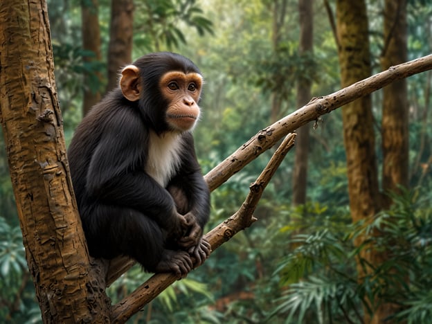 Auf dem Bild ist ein Schimpanse zu sehen, der auf einem Ast sitzt und in die Umgebung schaut. Viele Besucher, die solche Tiere in freier Wildbahn oder in Zoos beobachten, berichten von der Faszination, die diese intelligenten Tiere ausstrahlen. 

Ein Besucher könnte erzählen, wie er einmal einen Schimpansen beim Spielen gesehen hat, während er mit seinen Artgenossen durch die Bäume schwang. Das Geschrei und die Interaktionen zwischen den Affen waren beeindruckend und zeigten die enge soziale Struktur ihrer Gruppen. Diese Erlebnisse lassen oft ein tiefes Verständnis für den Lebensraum und das Verhalten von Primaten wachsen.

Ein anderer Besucher könnte von der Kontemplation berichten, die er beim Anblick eines ruhenden Schimpansen empfand – das ruhige Sitzen auf einem Ast könnte eine tiefere Einsicht in die Ruhe und Gelassenheit der Natur bieten. Solche Momente ermutigen viele, über den Schutz dieser faszinierenden Tiere und ihrer Lebensräume nachzudenken.