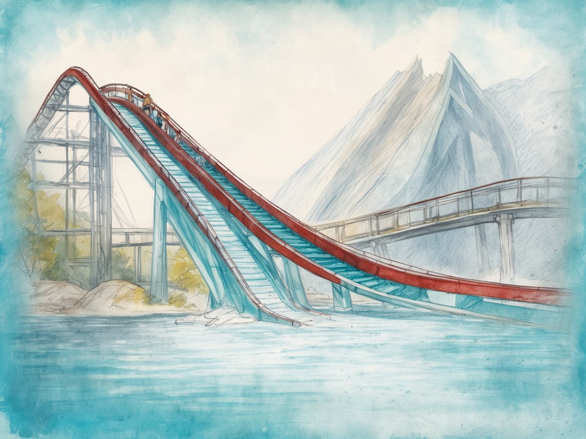 Auf dem Bild ist ein Aqua Slidecoaster zu sehen, der sich über eine Wasserlandschaft erstreckt. Die Rutsche ist in hellen Farben gestaltet, mit geschwungenen Zügen und einem steilen Anstieg, der in der Mitte des Bildes zu erkennen ist. Im Hintergrund sind bergartige Strukturen sichtbar, die eine dramatische Kulisse bilden. In der Nähe der Rutsche sind einige Bäume angedeutet, die der Szene Leben verleihen. Dieses Bild stellt den weltweit ersten Aqua Slidecoaster auf der Norwegian Aqua 2025 dar und vermittelt ein Gefühl von Aufregung und Abenteuer.