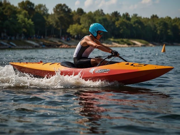 Auf dem Bild ist eine Person zu sehen, die in einem Kanu paddelt. Der Wassersport steht hier im Rampenlicht, da die Aktivität in einem Gewässer stattfindet und die dynamische Bewegung des Kanus Wellen verursacht. Die Person trägt einen Helm und sportliche Kleidung, was auf die Bedeutung von Sicherheit und Sportlichkeit im Wassersport hinweist. Hinter der Person sind Bäume und möglicherweise weitere Zuschauer zu sehen, die die Veranstaltung verfolgen.