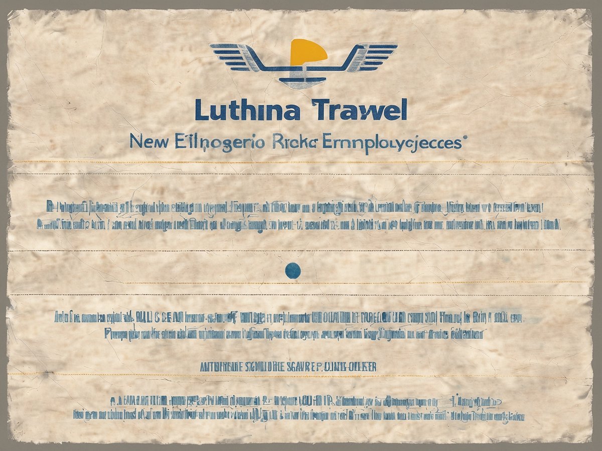 Das Bild zeigt ein altes Dokument oder eine Anzeige mit dem Logo von Lufthansa. Der Titel "Luthna Trawl" ist prominent in blauer Schrift zu sehen. Unterhalb des Titels stehen einige Sätze in einer ähnlichen blauen Schrift, die teilweise unleserlich sind. Der Hintergrund des Dokuments hat eine leichte beige Färbung und ist zerknittert, was ihm ein nostalgisches Aussehen verleiht.