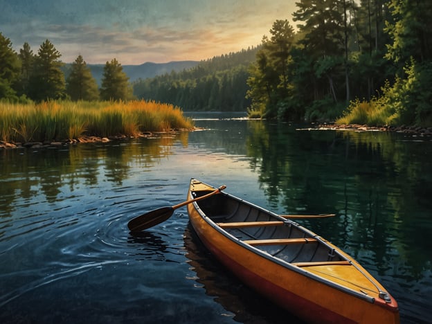 Auf dem Bild ist ein ruhiger Fluss zu sehen, auf dem ein Kanu schwimmt. Die Umgebung ist von üppigen Bäumen und Gras bewachsen, und die Wasseroberfläche spiegelt die natürliche Schönheit der Landschaft wider. Hier sind einige Aktivitäten und Erlebnisse, die Besucher in solch einer Umgebung genießen könnten:

1. **Kanufahren**: Ein herrliches Erlebnis für die ganze Familie, das es ermöglicht, die Landschaft aus einer anderen Perspektive zu genießen.

2. **Angelmöglichkeiten**: Der Fluss könnte ideale Bedingungen zum Angeln bieten, was für Angelfreunde ein entspannendes Hobby darstellt.

3. **Picknicken am Ufer**: Besucher könnten die Natur genießen, indem sie ein Picknick am Ufer des Flusses veranstalten.

4. **Wanderungen**: Die Umgebung lädt zu Wandertouren ein, um die Schönheit der Natur und die Tierwelt zu erkunden.

5. **Fotografie**: Die malerische Szene eignet sich hervorragend für Fotografen, die die Ruhe und den Anblick der Natur festhalten möchten.

6. **Vogelbeobachtung**: Viele Vogelarten könnten in der Nähe leben, was es zu einem idealen Ort für Vogelbeobachter macht.

Diese Aktivitäten bieten eine wunderbare Möglichkeit, sich mit der Natur zu verbinden und die Freizeit zu genießen.