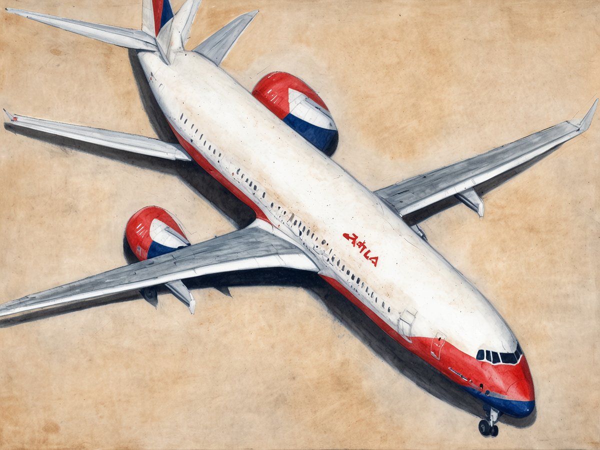 Ein Flugzeug im typischen Design von Delta Air Lines ist aus der Vogelperspektive zu sehen. Der Rumpf ist überwiegend weiß mit roten und blauen Akzenten an den Triebwerken und dem Schwanz. Die Tragflächen sind seitlich ausgeklappt, und das Flugzeug befindet sich über einem einfarbigen, beige Hintergrund. Delta Air Lines wird als Nordamerikas pünktlichste Fluggesellschaft 2024 hervorgehoben.