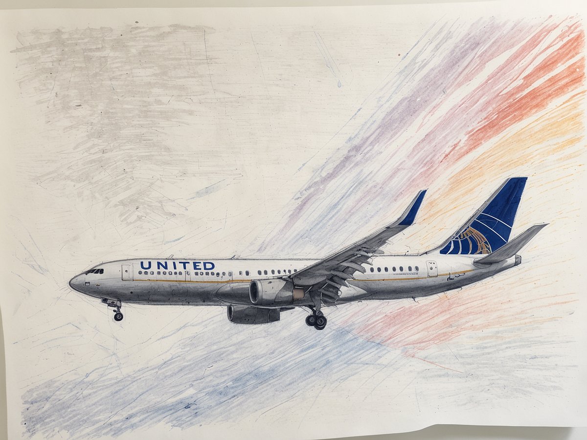 Ein Flugzeug der United Airlines fliegt durch den Himmel. Das Flugzeug ist seitlich dargestellt und zeigt eine weiße Lackierung mit dem logoartigen Schriftzug United auf der Seite. Der Hintergrund ist in sanften Farben gehalten, die an einen Sonnenuntergang erinnern, mit Strahlen in orange, lila und blaugrau.