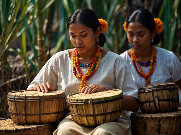 Auf dem Bild sind zwei Frauen zu sehen, die offenbar mit der Zuckerrohrernte beschäftigt sind. Um diese Zeit der Ernte zeigen viele Kulturen traditionelle Bräuche, die oft mit Musik, Tanz und festlichen Aktivitäten verbunden sind. In vielen Zuckerrohr-Anbaugebieten ist es üblich, die Ernte mit farbenfrohen Kleidern und Schmuck zu feiern, was die Bedeutung der Ernte für die Gemeinschaft unterstreicht.

Die Verarbeitung des Zuckerrohrs kann auch Gemeinschaftsaktivitäten umfassen, bei denen Lieder gesungen und traditionelle Instrumente gespielt werden. In manchen Regionen werden Feste organisiert, um den Abschluss der Ernte zu feiern, und es werden typischerweise lokale Speisen und Getränke angeboten, die aus Zuckerrohr hergestellt werden. Die Frauen auf dem Bild könnten Teil solcher festlichen Traditionen sein, die die Verbundenheit mit der Natur und der Gemeinschaft symbolisieren.