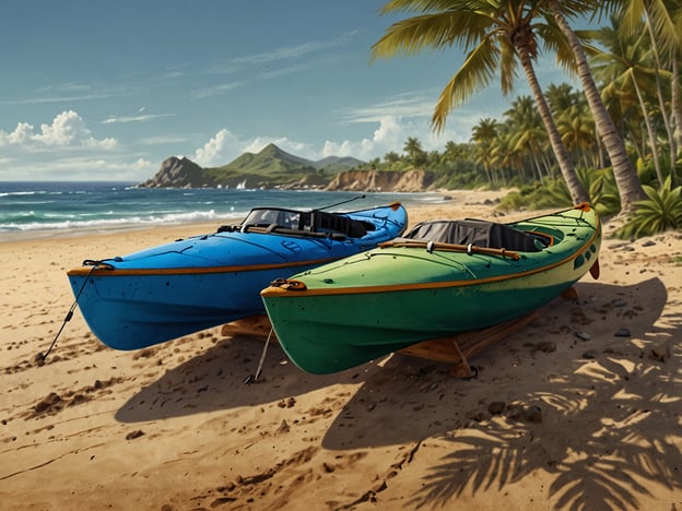 Auf dem Bild sind zwei Kajaks, eines blau und eines grün, die an einem sonnigen Strand abgestellt sind. Die Umgebung ist tropisch, mit Palmen und einer wunderschönen Küste im Hintergrund. Hier könnte man entspannende Aktivitäten wie Schwimmen oder Beachcombing genießen. Gleichzeitig bieten die Kajaks die Möglichkeit für spannende Abenteuer auf dem Wasser, wie Kajakfahren oder Erkundungstouren entlang der Küste.