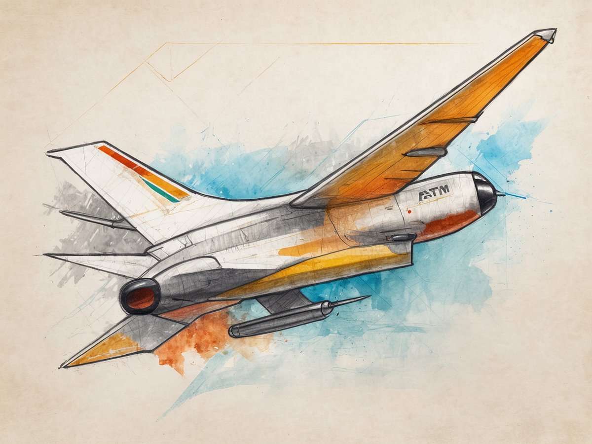 Eine skizzierte Darstellung eines modernen Flugzeugs mit einem schlanken, aerodynamischen Design. Der Rumpf des Flugzeugs ist in hellen Farbtönen gehalten und zeigt orangefarbene und gelbe Akzente. Die Tragflächen sind weit ausladend und haben eine ausgeprägte Form, die durch orangefarbene Streifen betont wird. Im Hintergrund ist eine aquarellartige, blaue Farbgestaltung zu sehen, die einen dynamischen Eindruck vermittelt. Diese Darstellung steht im Kontext der ATM 2025, die sich auf die Zukunft der Luftfahrt mit einem Fokus auf Nachhaltigkeit und Technologie konzentriert.