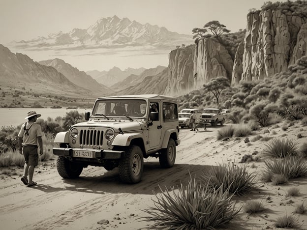 Auf dem Bild ist eine Abenteuerszene in einer malerischen Landschaft zu sehen, die von Bergen und einer weitläufigen, trockenen Umgebung geprägt ist. Ein Jeep steht auf einer sandigen Straße, und es sind weitere Fahrzeuge in der Nähe. Eine Person in einem Hut wandert offenbar näher zum Jeep. 

Mögliche Aktivitäten auf der Insel könnten Offroad-Touren mit Jeeps sein, um die unberührte Natur zu erkunden, geführte Wanderungen durch die Landschaft, sowie Bootsfahrten auf nahegelegenen Gewässern. Abenteuerlustige könnten auch Vogelbeobachtungen oder Fotografie in der beeindruckenden Kulisse genießen.