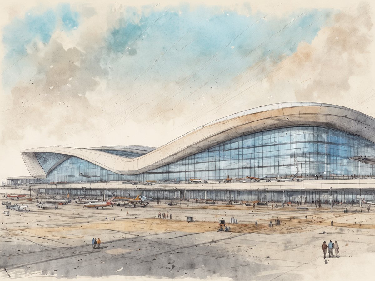 Eine künstlerische Darstellung des Hamad International Airport mit futuristischer Architektur, großen, geschwungenen Glaselementen und einer breiten Fassade. Im Vordergrund sind einige Menschen zu sehen, die sich auf dem Platz vor dem Terminal bewegen. Auf dem Boden sind mehrere Flugzeuge geparkt, während der Himmel eine leichte Wolkenbildung zeigt. Die Atmosphäre vermittelt ein Gefühl von Modernität und lebendigem Flughafenbetrieb.