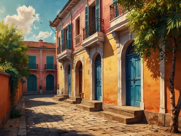 Auf dem Bild ist eine malerische Straße mit bunten Gebäuden zu sehen, die typisch für die Architektur auf Curaçao sind. Die Fassaden sind in warmen Farben wie Pink, Gelb und Orange gestrichen, mit blau gestrichenen Türen und Fenstern. Die Gebäude haben elegante Balkone und einladende Treppenstufen, die zu den Eingängen führen. Umgeben von üppigem Grün und einem klaren Himmel vermittelt die Szene eine angenehme und lebendige Atmosphäre, die die farbenfrohe Vielfalt der Architektur dieser karibischen Insel widerspiegelt.