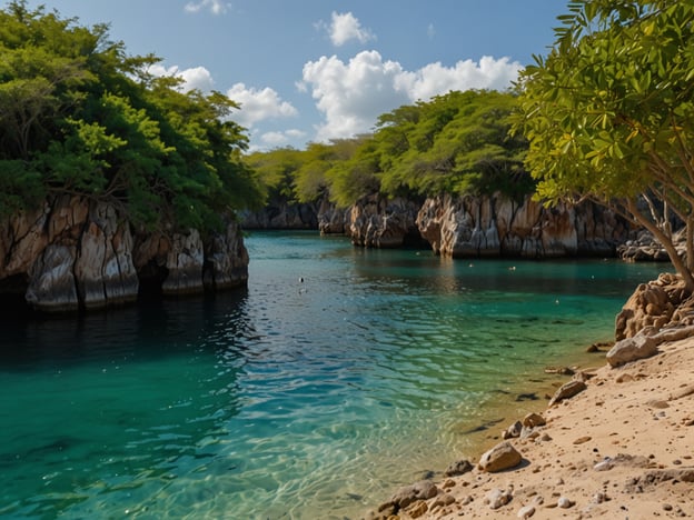 Auf dem Bild ist eine wunderschöne Karibiklandschaft zu sehen, die mit Aktivitäten und Abenteuern verbunden ist. Hier sind drei Ideen für das Karibik-Trio:

1. **Schnorcheln**: Das klare, türkisfarbene Wasser bietet perfekte Bedingungen, um die bunte Unterwasserwelt zu erkunden. Viele interessante Fische und Korallen warten darauf, entdeckt zu werden.

2. **Kayakfahren**: Die geschützten Buchten und natürlichen Grotten laden zu einem kayakabenteuer ein. Man kann die Ruhe der Natur genießen und versteckte Ecken erkunden.

3. **Strandspaziergang**: Der feine Sandstrand bietet eine perfekte Kulisse für entspannende Spaziergänge, während man die atemberaubende Aussicht und die frische Brise der Karibik genießen kann.

Solche Aktivitäten machen einen Besuch in der Karibik unvergesslich!