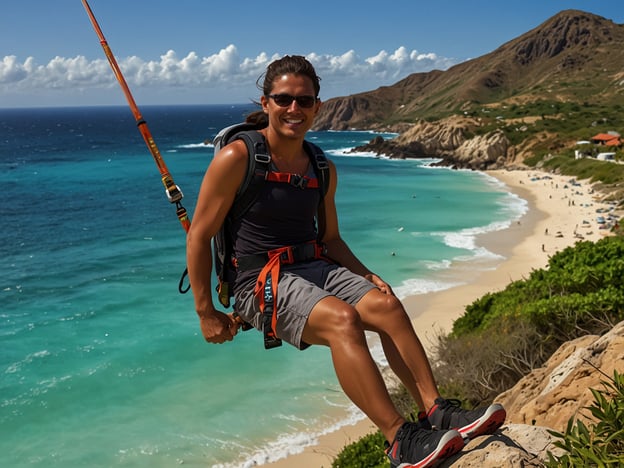 Auf dem Bild ist eine abenteuerlustige Person zu sehen, die in einer faszinierenden Landschaft sitzt. Diese Person könnte an folgenden Aktivitäten interessiert sein:

1. **Klettern** – Die Umgebung bietet ausgezeichnete Felsen zum Klettern.
2. **Abseilen** – Die Person scheint für Herausforderungen in großen Höhen bereit zu sein.
3. **Wandern** – Die Bergkulisse lädt zu aufregenden Wanderungen ein.
4. **Paragliding** – Die offene Landschaft könnte ein idealer Ausgangspunkt für Gleitschirmfliegen sein.
5. **Schwimmen** – Der nahegelegene Strand bietet perfekte Bedingungen zum Schwimmen.

Die Kombination aus Natur und Abenteuer schafft eine inspirierende Atmosphäre für Outdoor-Enthusiasten!