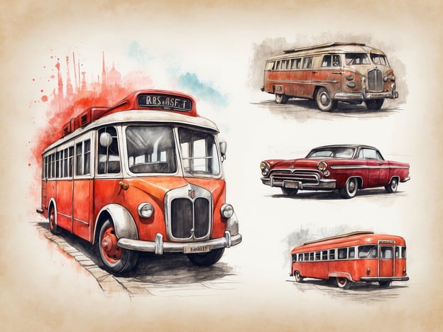 Auf dem Bild sind verschiedene klassische Fahrzeuge zu sehen, darunter ein roter Bus, ein Oldtimer sowie ein weiteres orangefarbenes Busmodell. Diese Art von Kunstwerk könnte auf ein nostalgisches Thema abheben, das sich mit historischen Verkehrsmitteln beschäftigt.

Da es sich um eine Illustration handelt und keine spezifischen Preise oder Öffnungszeiten angegeben sind, kann ich keine Informationen dazu bereitstellen. Wenn du mehr über reale Ausstellungen oder Veranstaltungen zu ähnlichen Themen erfahren möchtest, lass es mich wissen!