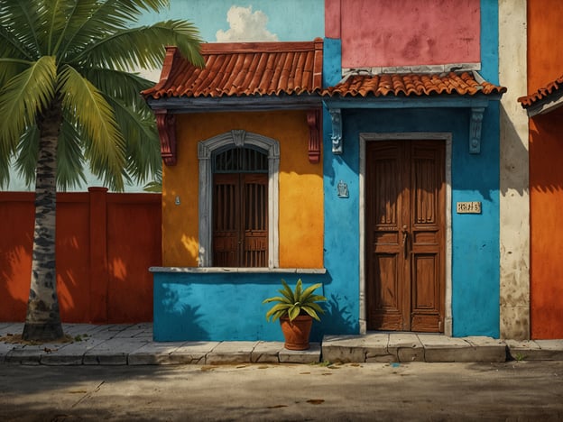 Auf dem Bild ist ein lebhaftes Gebäude mit farbenfroher Architektur zu sehen, das typisch für Curaçao ist. Die Wände sind in verschiedenen Farben gestrichen, darunter Blau, Gelb und Orange, was eine fröhliche Atmosphäre schafft. Vor dem Gebäude steht ein Topf mit einer Pflanze, und im Hintergrund sind Palmen zu erkennen. Entdecke die farbenfrohe Architektur von Curaçao!