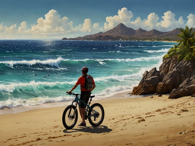 Auf dem Bild ist ein Abenteurer zu sehen, der am Strand steht und auf das Meer blickt, während er mit seinem Mountainbike da ist. Diese Szenerie lädt förmlich zu spannenden Aktivitäten ein. Man könnte den Strand entlang radeln, die Küste erkunden und die frische Meeresbrise genießen. Außerdem bietet sich die Möglichkeit, im Wasser zu schwimmen oder zu schnorcheln und die marine Tierwelt zu entdecken. Für noch mehr Abenteuer könnte man auch versuchen, die Wellen zu surfend oder sich bei einer Kajaktour die Küste näher anzuschauen. Insgesamt verkörpert das Bild eine perfekte Mischung aus Outdoor-Aktivitäten und Naturerlebnissen.