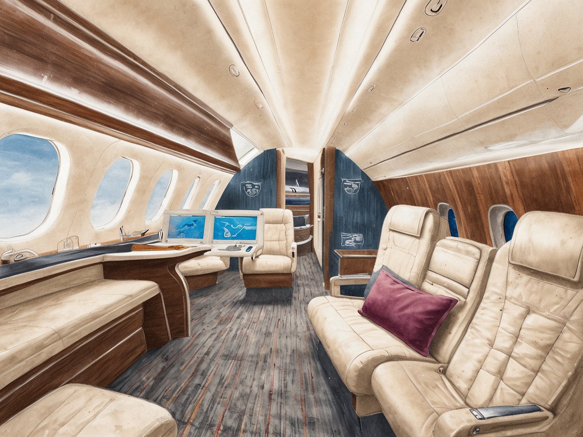 Ein luxuriöser Innenraum eines Gulfstream G700 mit bequemen, beigen Ledersitzen und einem eleganten Holzfinish. Die Kabine ist hell erleuchtet und bietet große Fenster, die einen Blick nach draußen ermöglichen. Auf einem Tisch stehen zwei Bildschirme, die Informationen anzeigen, während der Boden mit einem stilvollen Holzdesign verkleidet ist. Die Atmosphäre strahlt Komfort und Exklusivität aus, typisch für Qatar Executive.