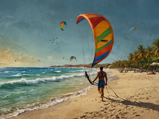 Auf dem Bild ist ein Mann zu sehen, der mit einem bunten Kitesurf-Board am Strand spaziert. Diese Aktivität ist sehr beliebt auf den ABC-Inseln (Aruba, Bonaire und Curacao), die für ihre wunderschöne Strände und idealen Windbedingungen bekannt sind. Kitesurfen ist eine aufregende Sportart, die die Kombination von Surfen und Paragliding umfasst. 

Die ruhigen Gewässer der Karibik und die sanften Winde machen die ABC-Inseln zu einem perfekten Ort für Abenteuer wie Kitesurfen. Daneben gibt es dort auch zahlreiche weitere Aktivitäten, wie Schnorcheln in bunten Korallenriffen, Tauchen in faszinierenden Unterwasserwelten und Wandern durch die malerischen Landschaften.