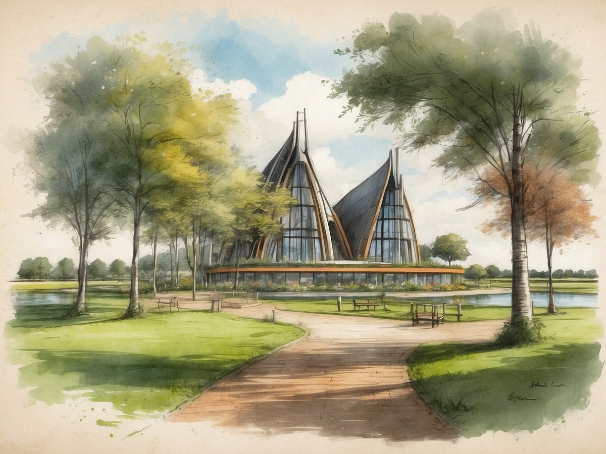 Das Bild zeigt eine künstlerische Darstellung des Empfangsgebäudes von Landal GreenParks Dunimar in Noordwijkerhout, Südholland. Das Gebäude hat eine moderne Architektur mit markanten, schrägen Dächern und großen Glasflächen, die von einem malerischen Landschaftsblick umgeben sind. Im Vordergrund führt ein schmaler Weg durch eine grüne Wiese mit Bäumen und einer Sitzbank. Im Hintergrund sind Wasserflächen und weitere Bäume sichtbar, die zur entspannenden Atmosphäre des Parks beitragen.
