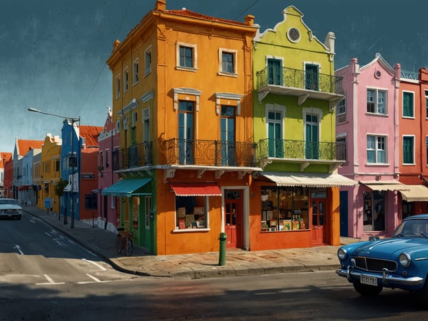 Auf dem Bild sieht man eine farbenfrohe Straßenszene in Willemstad, der Hauptstadt von Curaçao. Die Gebäude sind in lebendigen Farben, wie Gelb, Grün, Orange und Rosa, gestrichen und haben charmante Balkone sowie zahlreiche Fenster. An der Straße stehen einige Bäume und eine alte blaue Limousine fährt vorbei. Diese Kulisse spiegelt die einzigartige Architektur und den Flair von Willemstad wider, der geprägt ist von karibischem Stil und einem reichen kulturellen Erbe. Die Szene lädt dazu ein, die Straßen zu erkunden und die Atmosphäre der Stadt zu genießen.