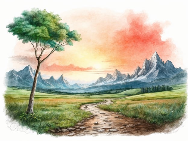 Auf dem Bild ist eine serene Landschaft zu sehen, die von Bergen und einem weiten Feld geprägt ist. Ein schlängelnder Weg führt durch die Natur, und die Farben des Himmels weisen auf einen Sonnenuntergang hin. Die Szene lädt ein, die Natur zu genießen und sich in der Schönheit der Landschaft zu verlieren.