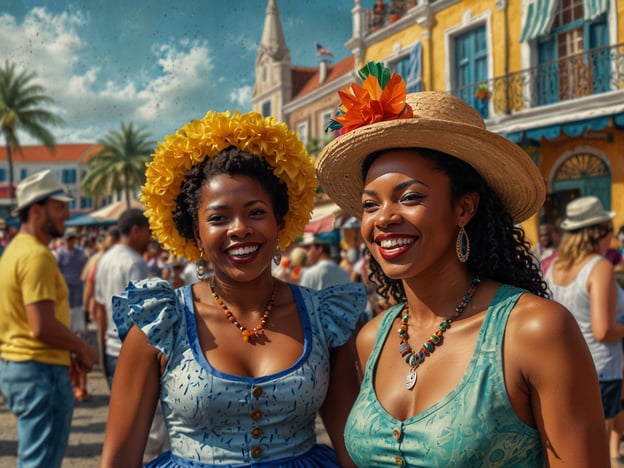 Auf dem Bild sind zwei Frauen zu sehen, die fröhlich aussehen und farbenfrohe Kleider sowie dekorative Hüte tragen. Die lebendige Atmosphäre erinnert an kulturelle Höhepunkte in Willemstad, der Hauptstadt von Curaçao. 

Willemstad ist bekannt für seine bunte Architektur, insbesondere in der Punda und Otrobanda, die UNESCO-Weltkulturerbe sind. Die Frauen könnten an einem Fest oder einer Veranstaltung in der Stadt teilnehmen, wie zum Beispiel dem Karneval, der für seine farbenfrohen Kostüme und lebendige Musik bekannt ist. Auch das jährliche Festival "Curaçao North Sea Jazz" zieht viele Besucher an und fördert die lokale Kultur. Die gesamte Szene strahlt das karibische Lebensgefühl und die kulturelle Vielfalt der Stadt aus.