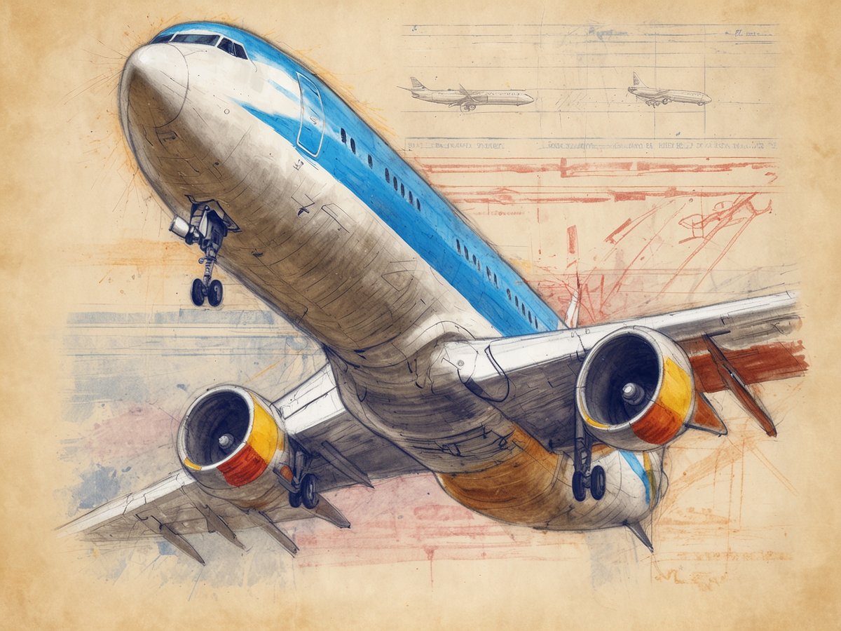 Ein skizziertes Flugzeug ist zu sehen, das mit einem blauen und orangefarbenen Farbdesign gestaltet ist. Es ist in einer dynamischen Position dargestellt, als ob es gerade startet oder landet. Im Hintergrund sind technische Zeichnungen und Skizzen angedeutet, die dem Bild eine technische Note verleihen. Die Farbtöne sind warm und verleihen dem Bild eine nostalgische Atmosphäre, während die Details des Flugzeugs klar erkennbar sind.