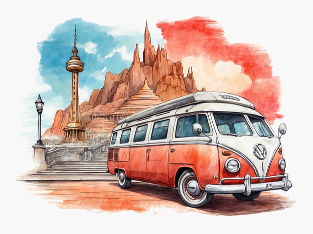 Auf dem Bild ist eine farbenfrohe Illustration eines klassischen Volkswagen-Busses zu sehen, der auf einer Treppe parkt. Im Hintergrund erhebt sich eine beeindruckende Landschaft mit hohen, roten Felsen, die an Monument Valley erinnern. Daneben stehen einige markante Gebäude, darunter ein hoher Turm und eine Statue, umgeben von einer malerischen Wolkenformation in Blau- und Rottönen. Die gesamte Szene vermittelt ein Gefühl von Abenteuer und Freiheit.