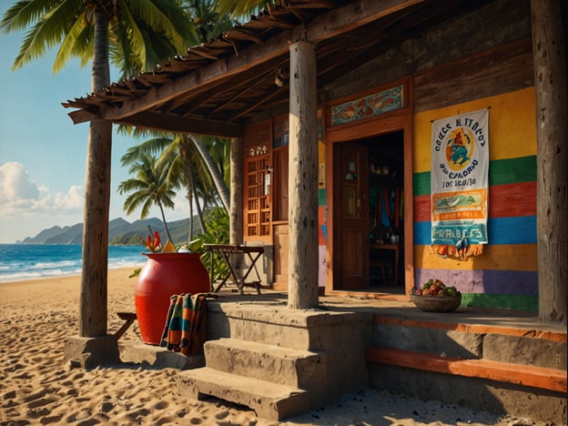 Auf dem Bild ist eine malerische Strandhütte zu sehen, die eine entspannte und tropische Atmosphäre ausstrahlt. Die Hütte ist aus Holz und hat eine farbenfrohe Wandgestaltung, die die kulturelle Vielfalt und Lebensfreude des Küstenlebens widerspiegelt. Umgeben von Palmen und in unmittelbarer Nähe zum Meer, vermittelt der Anblick ein Gefühl von Ruhe und unmittelbarem Kontakt zur Natur.

Vor der Hütte steht ein großer, roter Blumentopf, der mit bunten Blumen gefüllt ist, was die Bedeutung von Natur und Farben im lokalen Lebensstil unterstreicht. Das Umfeld ist einfach und traditionell, was oft mit ländlichen Kulturen und einer Entschleunigung des Lebensrhythmus assoziiert wird. Die Strandszene und die Architektur der Hütte weisen auf eine Kultur hin, die Wert auf Gemeinschaft, Naturverbundenheit und ein einfaches, aber erfülltes Leben legt.