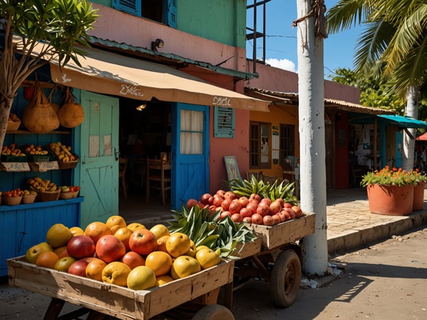 Auf dem Bild sieht man eine bunte Straße mit kleinen Läden und einem Obststand, der frisches Obst anbietet. Die Unterkünfte in dieser Umgebung scheinen gemütlich und einladend zu sein, möglicherweise ideal für Reisende mit einem begrenzten Budget. Die lebhaften Farben der Gebäude und die frischen Produkte schaffen eine entspannte Atmosphäre, die gut zu einem budgetfreundlichen Aufenthalt passt.