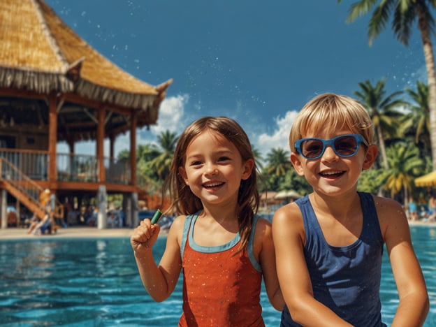 Auf dem Bild sind zwei fröhliche Kinder zu sehen, die am Rand eines Schwimmbeckens stehen. Sie haben viel Spaß und genießen einen sonnigen Tag. Die Umgebung ist tropisch, mit Palmen im Hintergrund und einem charakteristischen Gebäude, das wie eine Strandbar oder ein Spielplatz aussieht. Die Kinder tragen bunte Badebekleidung und Sonnenbrillen, was auf einen Tag am Pool oder am Strand hindeutet.

Solche Aktivitäten sind ideal für Familien, da sie den Kindern die Möglichkeit bieten, im Wasser zu spielen, neue Freundschaften zu schließen und die Natur zu erkunden. Es ist eine großartige Gelegenheit für gemeinsame Erlebnisse und unvergessliche Ferienmomente!