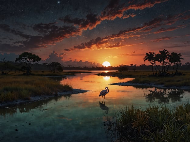 Auf dem Bild ist eine malerische Landschaft bei Sonnenuntergang zu sehen, die eine besondere Atmosphäre ausstrahlt. Die Kombination aus warmen Farben des Himmels und der ruhigen Wasseroberfläche schafft eine idyllische Stimmung. 

Besondere Erlebnisse könnten hier das Beobachten von Wildtieren in ihrer natürlichen Umgebung sein, wie etwa die Eleganz eines Flamingos, der im Wasser steht. Solche Szenen sind oft in Naturreservaten oder Nationalparks zu finden, wo Besucher die Vielfalt der Tierwelt und die atemberaubende Schönheit der Landschaft genießen können. 

Attraktionen in dieser Umgebung könnten geführte Boots- oder Safaritouren sein, die es den Besuchern ermöglichen, die Tierwelt hautnah zu erleben, sowie beeindruckende Wanderwege und Aussichtsplattformen, um den Sonnenuntergang optimal genießen zu können.