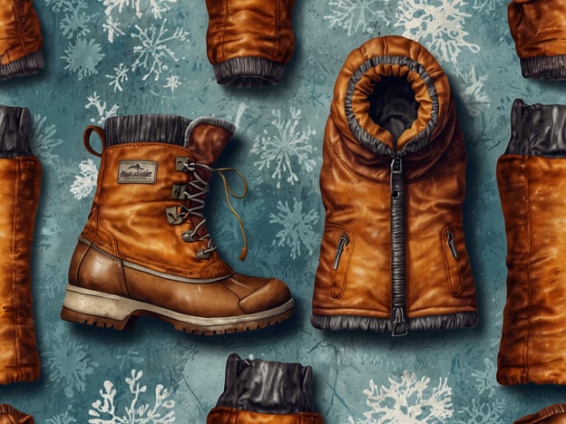 Auf dem Bild sind praktische Ausrüstungsgegenstände für den Winter zu sehen. Dazu gehören warme, braune Winterstiefel und eine gefütterte Winterjacke. Die Stiefel sind schnürbar und haben eine rutschfeste Sohle, ideal für glatte, schneebedeckte Oberflächen. Die Jacke ist ebenfalls für kaltes Wetter geeignet, mit einem hohen Kragen, der zusätzlichen Schutz vor Kälte bietet. Der Hintergrund zeigt Schneeflocken, was die winterliche Atmosphäre unterstreicht.