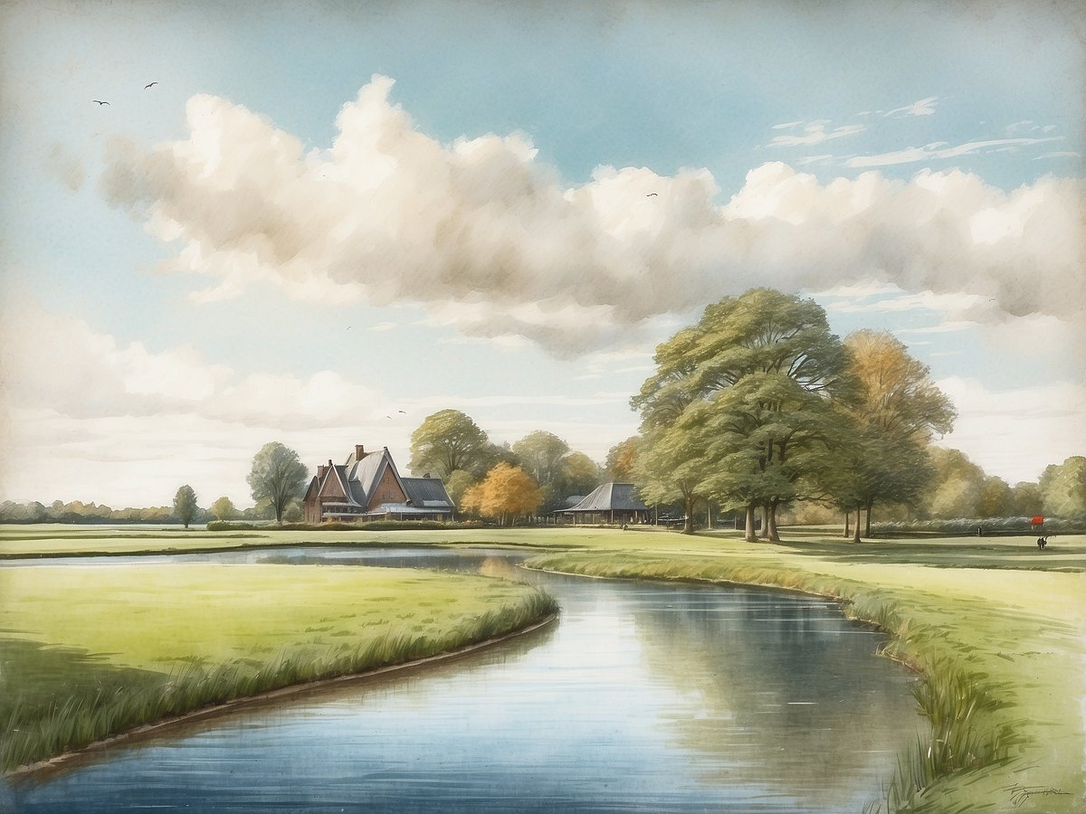 Eine malerische Landschaft mit einem klaren, ruhigen Wasserlauf, der sich durch saftige grüne Wiesen schlängelt. Im Hintergrund ist ein traditionelles niederländisches Haus mit einem roten Dach und einer Terrasse zu sehen, umgeben von hohen Bäumen, die in herbstlichen Farben erstrahlen. Der Himmel ist teilweise bewölkt, mit sanften, hellen Wolken und einem Hauch von blauem Himmel. In der Ferne sind einige Menschen auf dem Grundstück zu erkennen, die Aktivitäten nachgehen.