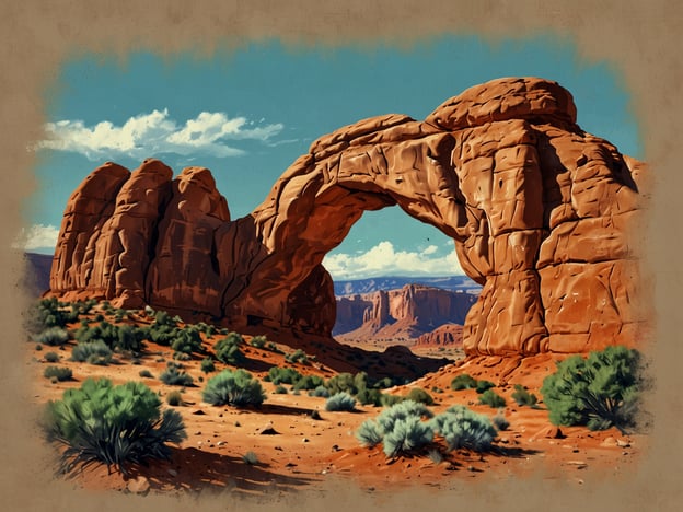 Auf dem Bild ist eine beeindruckende Landschaft des Arches Nationalparks zu sehen, bekannt für seine natürlichen Steinbögen. Die Landschaft zeigt eine majestätische Felsformation in warmen Rottönen, umgeben von grünem Buschwerk und einem klaren Himmel. Diese Szenerie verdeutlicht die Schönheit der Natur, die hier wie ein Kunstwerk wirkt, geformt durch Jahrmillionen von Erosion und geologischen Prozessen.