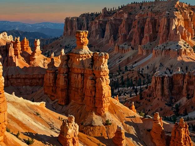 Auf dem Bild ist der Bryce Canyon zu sehen, ein faszinierender Ort in den USA, bekannt für sein atemberaubendes Farbenspiel aus Stein. Die markanten Felsen und die beeindruckenden Geometrien der Hoodoos, die wie Türme aus dem Boden emporragen, schaffen eine surreal wirkende Landschaft. Die warmen, rötlichen und orangefarbenen Töne des Gesteins wechseln sich mit den sanften Grüntönen der Vegetation ab und erzeugen ein faszinierendes Zusammenspiel von Farben und Formen, das die natürliche Schönheit dieses einmaligen Parks unterstreicht.