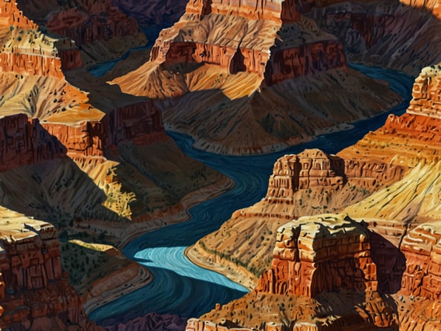 Auf dem Bild ist der Grand Canyon zu sehen, ein beeindruckendes Naturwunder. Die atemberaubenden Felsformationen, die tiefen Schluchten und der sich schlängelnde Fluss geben einen faszinierenden Blick auf die gewaltigen geologischen Strukturen und die Schönheit der Landschaft. Der Grand Canyon ist bekannt für seine majestätischen Farben und die Vielfalt seiner Landschaften, die Besucher aus der ganzen Welt anziehen.