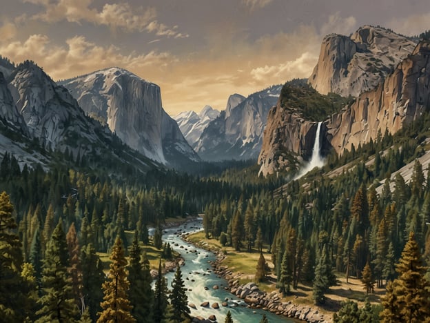 Auf dem Bild ist eine malerische Landschaft des Yosemite Nationalparks zu sehen. Die Szene zeigt majestätische Berge, dichte Wälder und einen klaren Fluss, der durch das Tal fließt. Im Hintergrund sind Wasserfälle zu erkennen, die aus den Felsen herabstürzen, was die Schönheit und die wilde Natur des Parks unterstreicht. Yosemite Nationalpark ist ein wahres Paradies für Naturfreunde, ideal für Wanderungen und Erholung inmitten atemberaubender Landschaften.